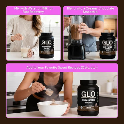 GLO Health Foods Cold Processed Whey Protein - Chocolate Flavor - 24g Protein per Serving - Whey with Digestive Enzymes & BCAAs - Supports Muscle Growth, Strength & Recovery - 2 LB (28 Servings)