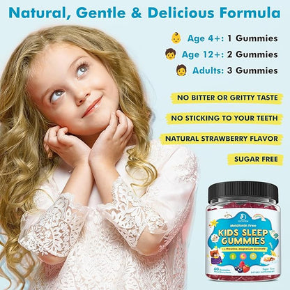 Kids Sleep Gummies with Magnesium Glycinate – Melatonin Free Bedtime Support for Kids – Calm & Relaxation with L-Theanine, GABA, Chamomile & Lemon Balm – Sugar Free Mixed Berry Flavor, 120 Gummies