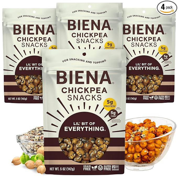Biena Crispy Roasted Chickpea Snacks, Lil’ Bit of Everything, High Protein Snacks, High Fiber Snacks, Gluten Free, Plant-Based, Non-GMO, Healthy Snacks for Adults and Kids, 4-Pack 5 Ounce Bags