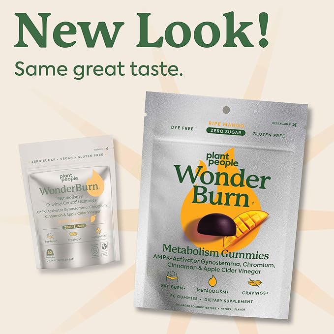 Plant People WonderBurn Metabolism & Cravings Control Gummies, Zero Sugar, Ripe Mango Flavor (60 Count)