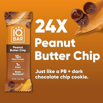 IQBAR Clean Plant Protein Bars - Peanut Butter Chip - 24 Count - Keto, Vegan, High Fiber, Gluten and Dairy Free, Low Sugar Snack - Brain and Body Nutrients for Focus, Energy, Meal Replacement