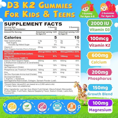 Vitamin D3 K2 Gummies for Kids + Calcium, Magnesium, Zinc, Phosphorus, Vitamin C, Kids Multivitamin D3 & K2 Supplement for Bṏne Health, Calcium Absorption, Focus & Immunity, Non GMO, Sugar Free, 60Cts