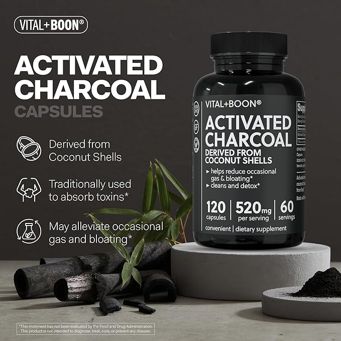 Activated Charcoal Pills – Derived from Coconut Shells – Black Charcoal Binder for Stomach, Gas & Bloating Relief – Gluten Free Vegetarian Active Carbon to Support Detox (120 Capsules)