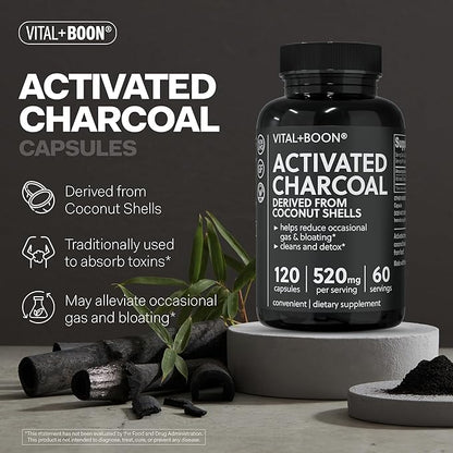 Activated Charcoal Pills – Derived from Coconut Shells – Black Charcoal Binder for Stomach, Gas & Bloating Relief – Gluten Free Vegetarian Active Carbon to Support Detox (120 Capsules)