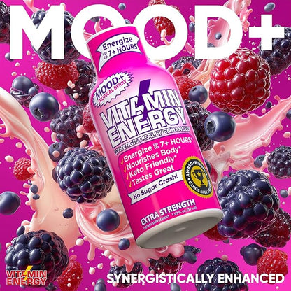 Vitamin Energy Mood+ Extra Strength Energy Shot Tropical Berry 8 Pack, 260mg Natural Caffeine, B-Vitamins, Rhodiola, Chamomile, Mood & Energy Support, Zero Sugar, Gluten-Free, Vegan, 1.93 fl oz