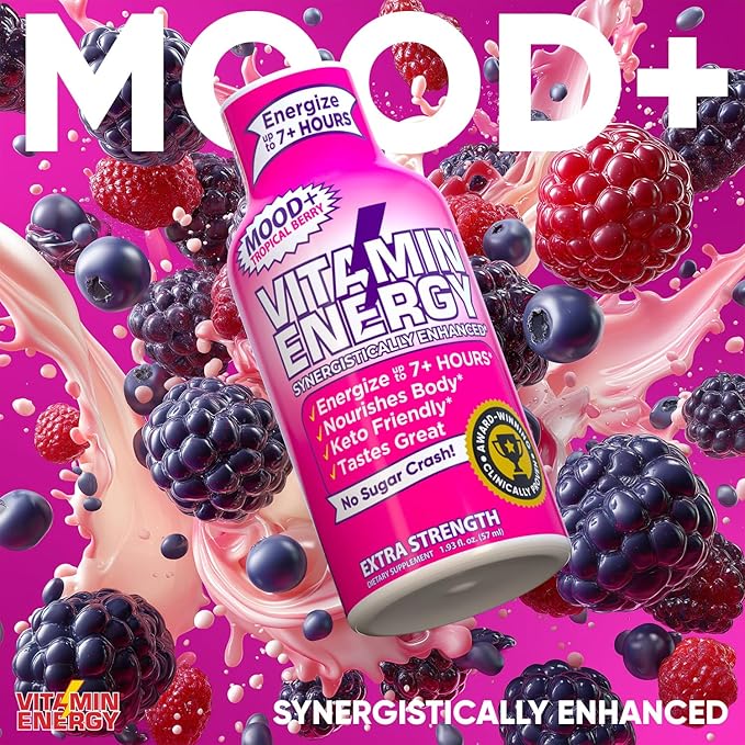 Vitamin Energy Mood+ Extra Strength Energy Shot Tropical Berry 48 Pack, 260mg Natural Caffeine, B-Vitamins, Rhodiola, Chamomile, Mood & Energy Support, Zero Sugar, Gluten-Free, Vegan, 1.93 fl oz