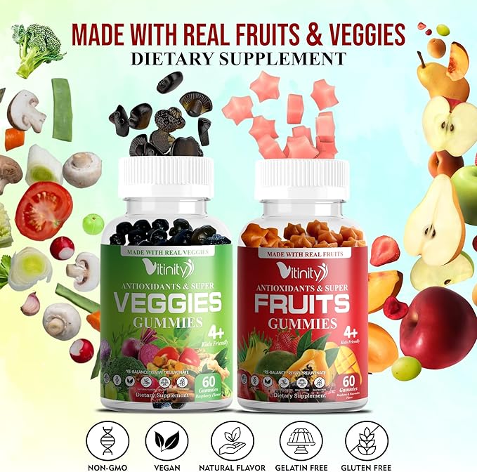 VITINITY Fruit and Veggies Supplement Gummies – Greens Gummies with Real Fruits & Vegetables – Vegan Fruit Gummies & Super Greens Gummies for Adults & Kids, 60 Count (30 Day Supply)