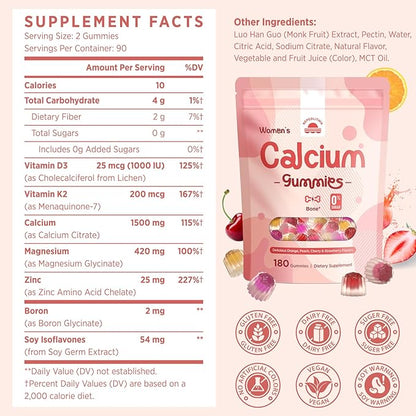 Calcium Gummies for Women – 1500mg Calcium Citrate with Vitamin D3, K2, Magnesium, Zinc, Boron & Soy Isoflavones – Calcium Supplement, Vegan, Zero Sugar, Mixed Fruit Flavors, 180 Count