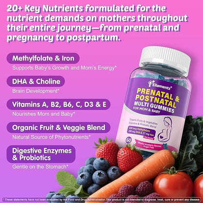 Prenatal Vitamins for Women with Methylfolate, Vegan Omega-3 DHA, Organic Food Blend, Probiotics, Iron, Vitamin D3 B6 B12, Choline, Sugar Free Multivitamin for Women During & Post Pregnancy, 120 Cts