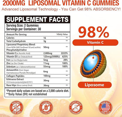 2 Pack Liposomal Vitamin C 2000mg Gummies Complex Rose Hips with D3 5000IU,Elderberry Echinacea,Iron & Zinc for Adults Kids Immune,Antioxidant & Collagen Support,Orange Flavor, 120Count