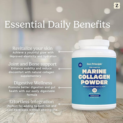 Zen Principle Marine Collagen Peptides Powder 3 lb. Wild-Caught Fish, Non-GMO. Supports Healthy Skin, Hair, Joints and Bones.Hydrolyzed Types I, II, III, and IV Protein. Amino Acids. Easy to Mix.