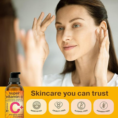Double Size (2OZ) Super Vitamin C Serum for Face, Niacinamide Serum, 5% Vitamin C Face Serum, Hyaluronic Acid, Resveratrol, Anti-Aging Brightening