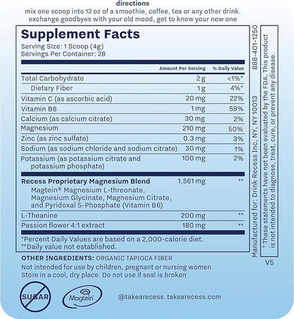 Recess Mood Powder, Calming Magnesium L-Threonate Blend with Passion Flower, L-Theanine, Electrolytes, Magnesium Calm Support Powder Supplement - Unflavored 28 Serving Tub