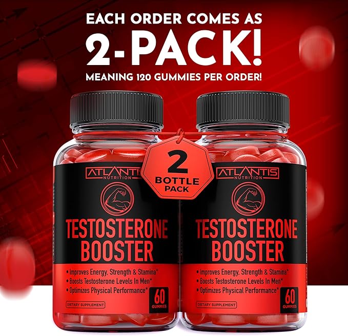 Atlantis Nutrition Testosterone Booster Gummies For Men - Enhances Strength & Stamina - Optimizes Performance & Male Enhancement - Tribulus, Goat Weed Extract, Maca Root Extract | 2-Pack (120 Gummies)