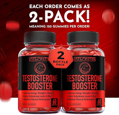 Atlantis Nutrition Testosterone Booster Gummies For Men - Enhances Strength & Stamina - Optimizes Performance & Male Enhancement - Tribulus, Goat Weed Extract, Maca Root Extract | 2-Pack (120 Gummies)
