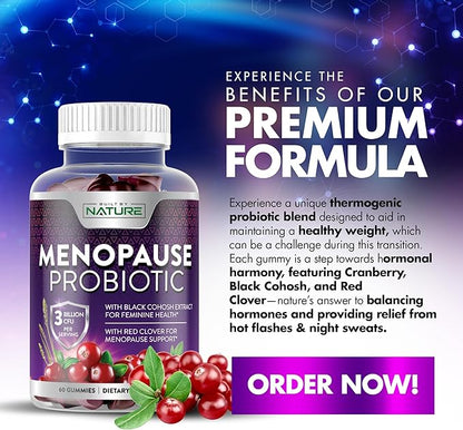 Menopause Supplements for Women - Menopause Probiotic Gummy - Women’s Menopause Relief for Hot Flashes, Night Sweats & Mood Swings with Black Cohosh & Cranberry - Non-GMO, Vegan - 60 Gummies