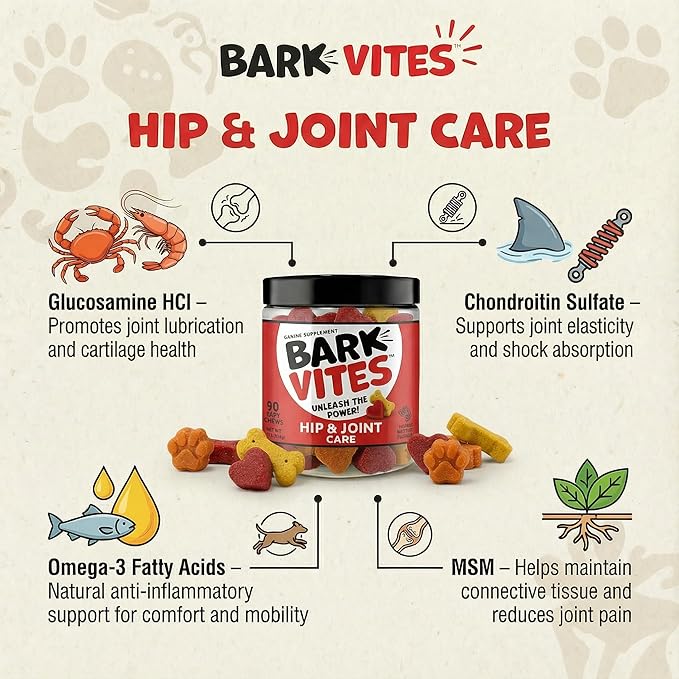 Hip & Joint Supplement for Dogs - Glucosamine, MSM, Chondroitin & Omega-3 Chews with Turmeric & Vitamin E for Mobility, Comfort & Anti-Inflammatory Support, 90ct