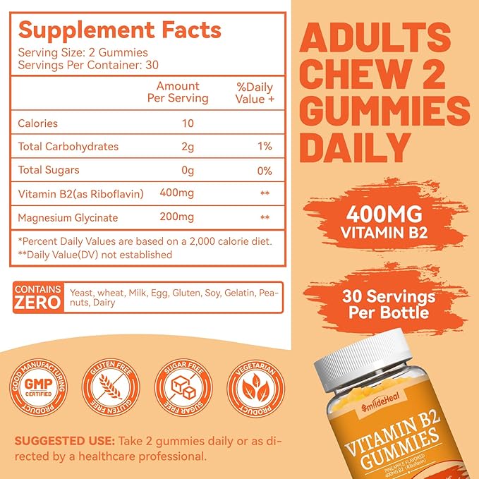 2 Pack Vitamin B2 Gummies, Chewable Riboflavin 400mg Supplement with Magnesium for Adults, Migraine Relief* & Nervous System Support*, Vegan - 120 Counts