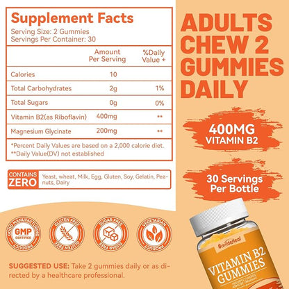 Vitamin B2 Gummies,Riboflavin 400mg Supplement with Magnesium for Adults,B2 Gummies for Migraine Relief* & Nervous System Support*,Vegan - 60 Counts