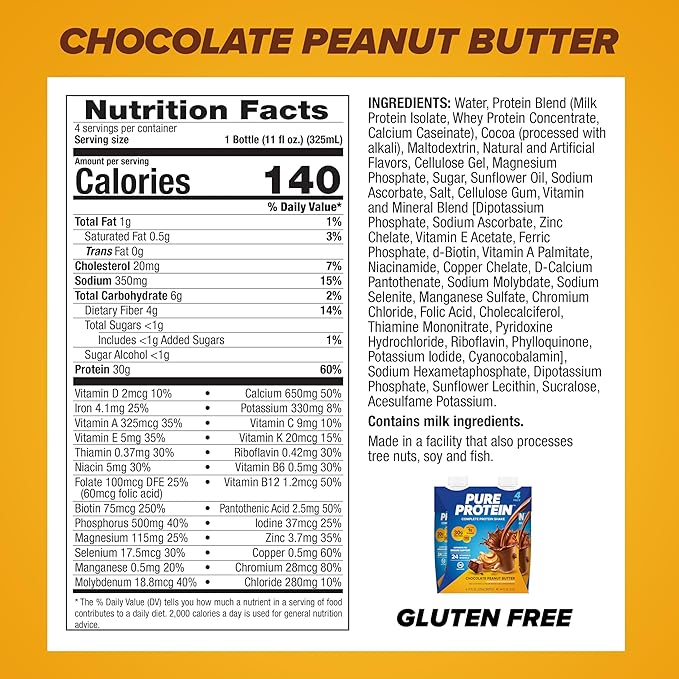 Pure Protein Complete Protein Shake, Chocolate Peanut Butter, 30g High Protein Drink, Less than 1g Sugar, 3g Fiber, Ready to Drink, Non GMO, On-the-Go Shakes, 11oz Bottles, 12 Pack