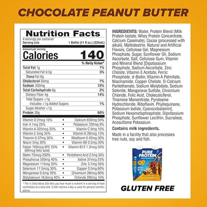 Pure Protein Complete Protein Shake, Chocolate Peanut Butter, 30g High Protein Drink, Less than 1g Sugar, 3g Fiber, Ready to Drink, Non GMO, On-the-Go Shakes, 11oz Bottles, 12 Pack