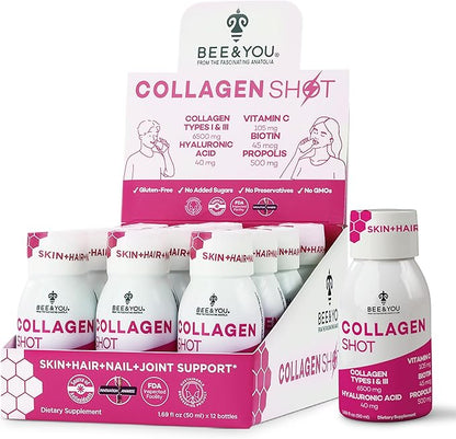 Bee and You Collagen Liquid Shot Drink with Vitamin C, Propolis Extract, Hyaluronic Acid, Biotin, Promotes Skin, Hair, Nail and Joint Health, 1.69 fl. Oz x 12 Pack