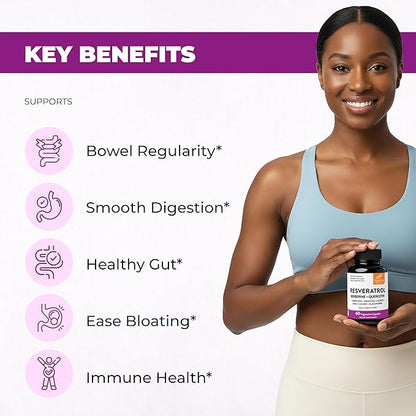 Resveratrol with Berberine Supplement For Gut Health Support | 120 Digestive Capsules For Women & Men | With Green Tea Extract, Star Anise, DGL, Grape Seed, Quercetin | Helps Ease Bloating & Digestion
