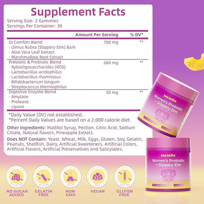 Feminine Probiotics Gummies for Women, Vaginal Probiotics with Slippery Elm,Prebiotics & Probiotics Supports pH Balance,Immune Health, Vegan, Non-GMO, Pineapple Flavor,60 Gummies 1 Pack