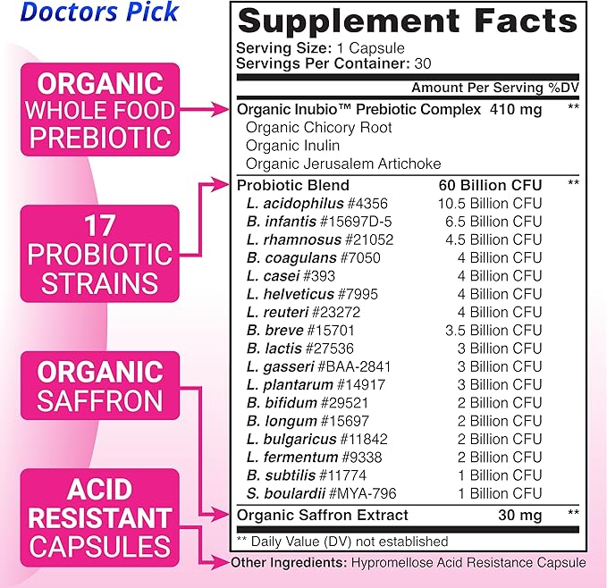 Fem Pro Probiotics for Women. 17 Clinically Effective Strains for Vaginal, Digestive & Immune Support, Urinary Tract Health, pH Balance and Mood. Organic Prebiotic, 30 Veggie Capsules