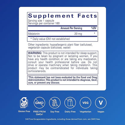Pure Encapsulations Melatonin 20 mg - Not Intended for Sleep Support - for Immune System & Healthy Cells - 99.5% Purity Melatonin - Gluten Free & Non-GMO - 180 Capsules