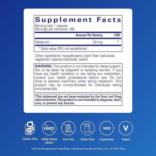 Pure Encapsulations Melatonin 20 mg - Not Intended for Sleep Support - for Immune System & Healthy Cells - 99.5% Purity Melatonin - Gluten Free & Non-GMO - 180 Capsules