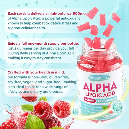 MEENCCD 2 Pack Alpha Lipoic Acid Gummies 600mg - ALA Supplement for Antioxidant Support, Vegan, Sugar-Free, Raspberry Flavor, 120 Count