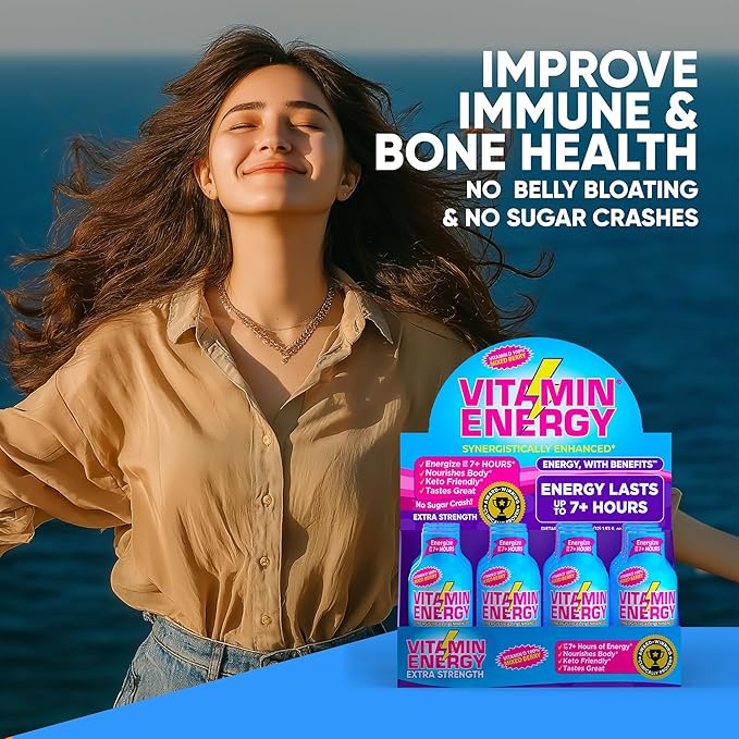 Vitamin Energy Vitamin D Extra Strength Energy Shot Mixed Berry 24 Pack, 260mg Natural Caffeine, B-Complex, Vitamin D, Wellness Support, Keto, Zero Sugar, Gluten-Free Vegan Kosher, 1.93 fl oz