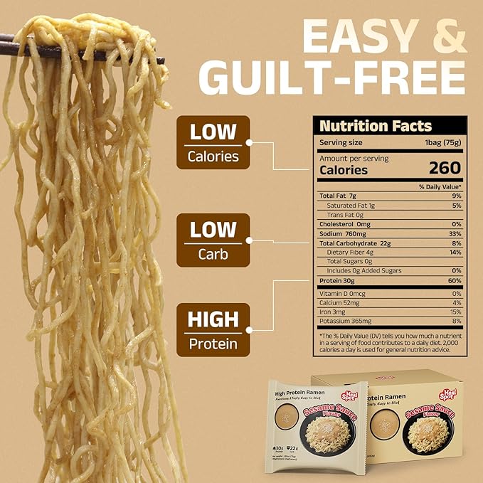HealSpot High Protein Instant Ramen, 31g Plant Based Protein, Low Fat, Low Carb, Non GMO, Keto Friendly, Plant Based Dry Mixed Ramen, 6 Packs of Sesame Sauce Flavor