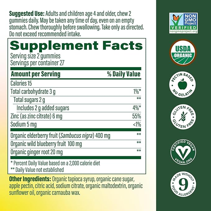 MegaFood Elderberry Gummies for Kids, Teens & Adults, Immune Support Supplement, Gummy Vitamins - Made with Zinc & Real Food, Pectin-Based, USDA Organic, Vegan - 54 Count, 27 Servings