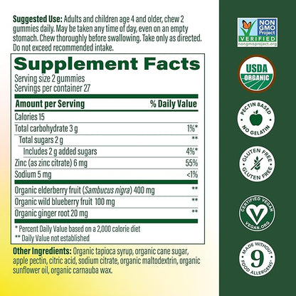 MegaFood Elderberry Gummies for Kids, Teens & Adults, Immune Support Supplement, Gummy Vitamins - Made with Zinc & Real Food, Pectin-Based, USDA Organic, Vegan - 54 Count, 27 Servings