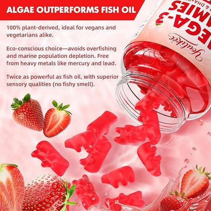 Vegan Omega-3 Gummies 1000mg, Omega 3 Fish Oil Alternative for Adults, Plant Based DHA 460mg & EPA 230mg w/Vitamin A, C, E - Supports Immune Function, Sugar Free, Strawberry Flavor, 60 Count