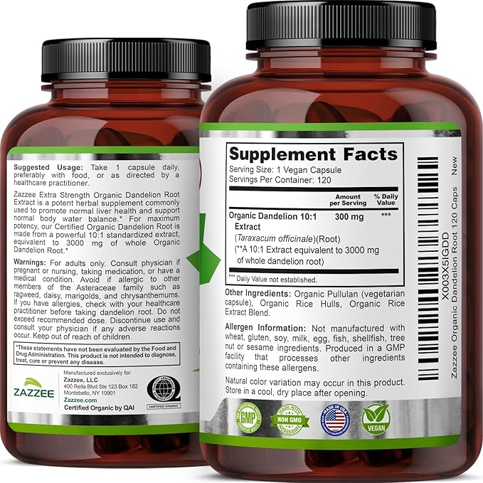 Zazzee USDA Organic Dandelion Root 10:1 Extract, 120 Capsules, 4 Month Supply, Liver & Detox Support, Taraxacum Officinale, Organic Herbal Supplement, All-Natural, Non-GMO, Made in the USA