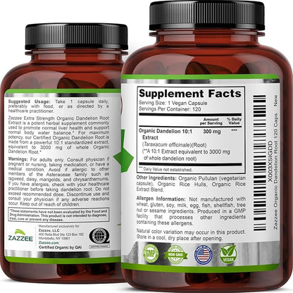 Zazzee USDA Organic Dandelion Root 10:1 Extract, 120 Capsules, 4 Month Supply, Liver & Detox Support, Taraxacum Officinale, Organic Herbal Supplement, All-Natural, Non-GMO, Made in the USA