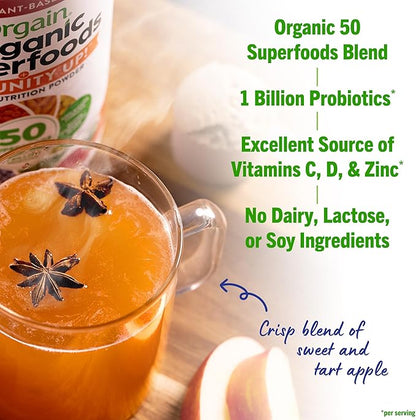 Orgain Organic Greens + 50 Superfoods Immunity Up! Powder,Honeycrisp Apple-Immune Support,Probiotics,Vitamin C,D&Zinc,Apple Cider Vinegar,Ashwagandha,Cordyceps&Reishi Mushrooms-0.62lb,(Pack of 2)
