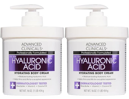 Advanced Clinicals Hyaluronic Acid Moisturizer Body Cream With Vitamin E | Hydrating Cream & Body Lotion For Women & Men To Help Improve Look of Wrinkles, Dry Skin, Crepey Looking Skin, 16OZ, 2-Pack