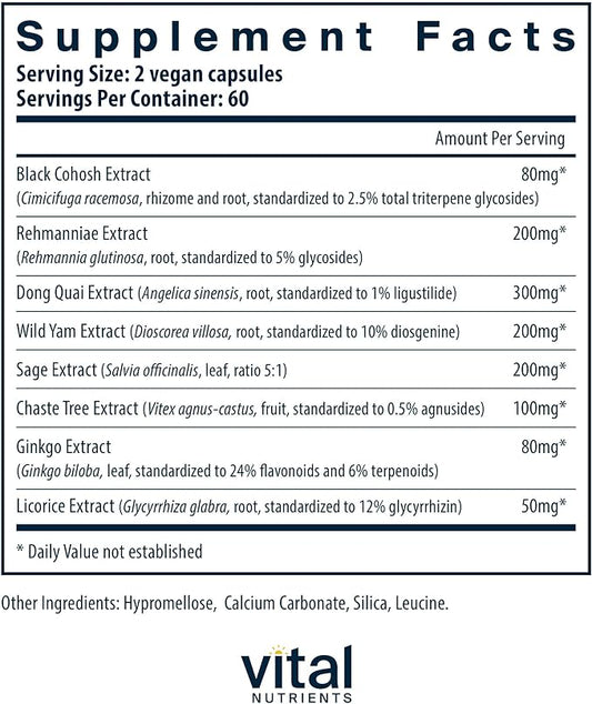 Vital Nutrients Menopause Support - Vegan Supplement for Women - Herbal Complex with Black Cohosh and Vitex Tree Berry for Hormone Balance Support* - Gluten, Dairy, Soy Free - 120 Capsules