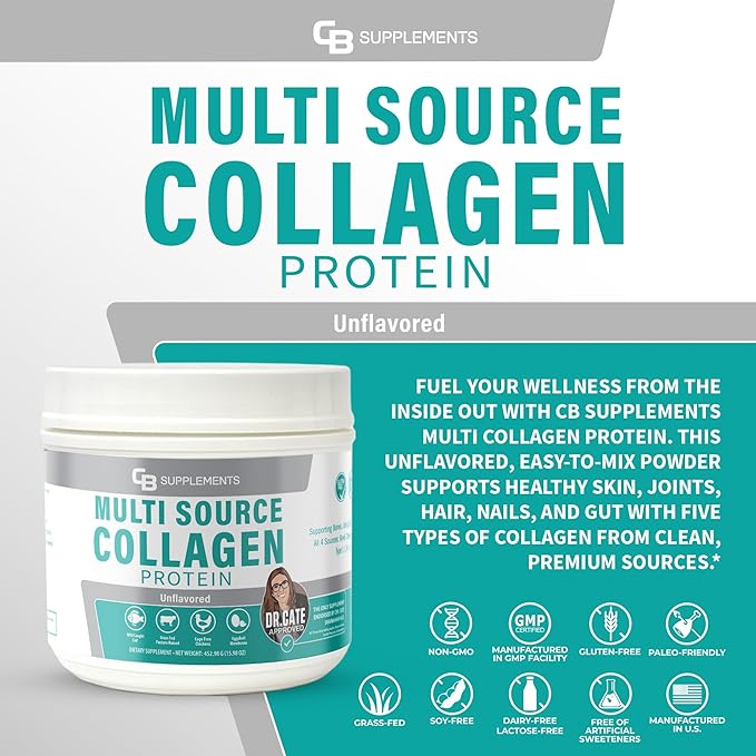 CB Supplements Multi Collagen Protein – Hydrolyzed Collagen for Joint, Skin, Gut, Hair & Nail Health – Unflavored Powder with Types I, II, III, V & X – Grass-Fed & Clean – 58 Servings