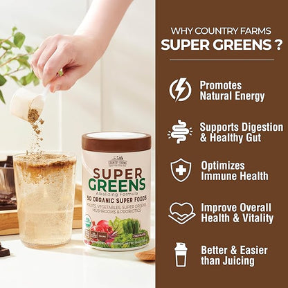 Country Farms Organic Super Greens Chocolate Flavor, 50 Organic Super Foods, USDA Organic Drink Mix, Packed with Fiber, Fruits, Vegetables, Mushrooms & Probiotics, Supports Energy, 7g Fiber
