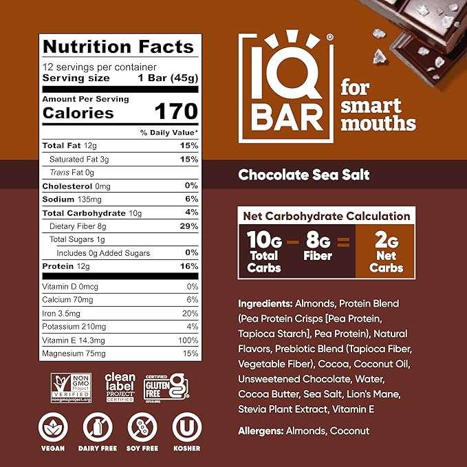 IQBAR Clean Plant Protein Bars - Chocolate Sea Salt - 36 Count - Keto, Vegan, High Fiber, Gluten and Dairy Free, Low Sugar Snack - Brain and Body Nutrients for Focus, Energy, Meal Replacement