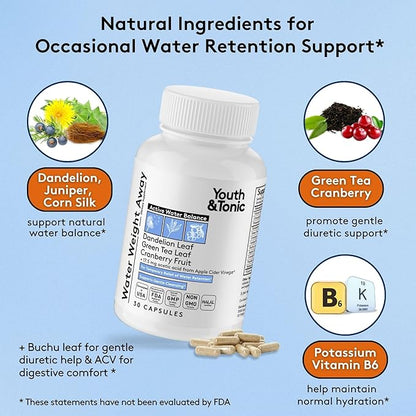 Youth & Tonic Water Weight Away – Herbal Diuretics for Water Retention & Bloating Support – with Potassium & Vitamin B6 for Fluid Balance – 30 Pills for Belly Bloat, Leg & Feet Swelling Support