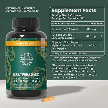 Primal Harvest 1 Pack, Primal Turmeric Complex w/Black Pepper Extract, Joint and Mobility Support Turmeric Supplement for Women & Men, 60 Capsules