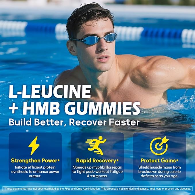 Hmb and L-Leucine Gummies, Pre Work Essential Amino Acids EAA Supplements for Men & Women, w/Branched-Chain Amino (BCAA) & 4 Hydration Electrolytes, Taurine, B12 & D3 for Fast Workout Recovery, 60Cts