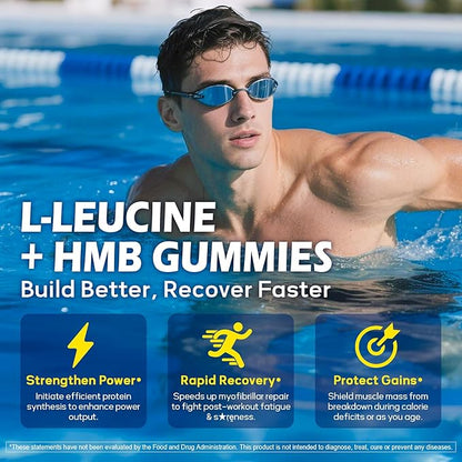 Hmb and L-Leucine Gummies, Pre Work Essential Amino Acids EAA Supplements for Men & Women, w/Branched-Chain Amino (BCAA) & 4 Hydration Electrolytes, Taurine, B12 & D3 for Fast Workout Recovery, 60Cts