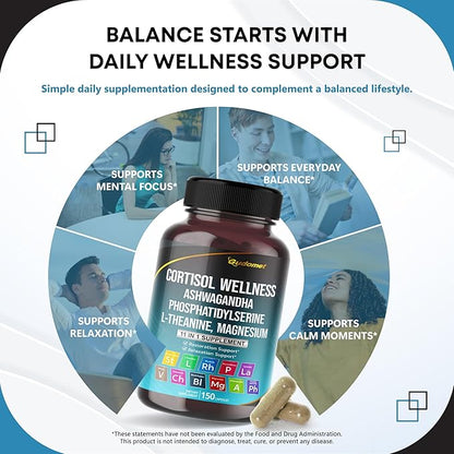 CORTISOL Wellness Magnesium Ashwagandha L-Theanine Phosphatidylserine Rhodiola Rosea Passionflower Lavender Chamomile -150 Capsules